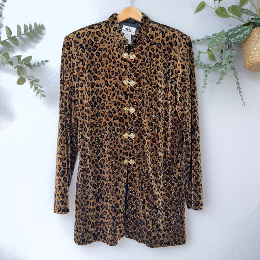 Vtg Leopard Velvet Tunic Maximalist Mob Wife Jacket Gold Heart Clasps Wmns L